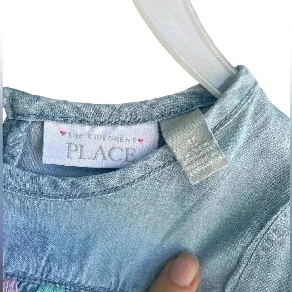 The Children's Place 5T Girls Embroidered 🌈 Chambray Dress - denim Med Wash